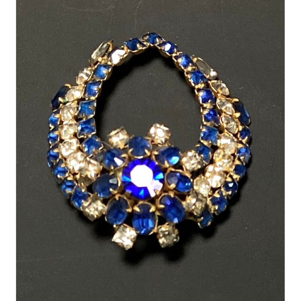 Vintage Gold Tone  Winged 3D Blue & Clear Rhinestone Brooch Pendant Starburst